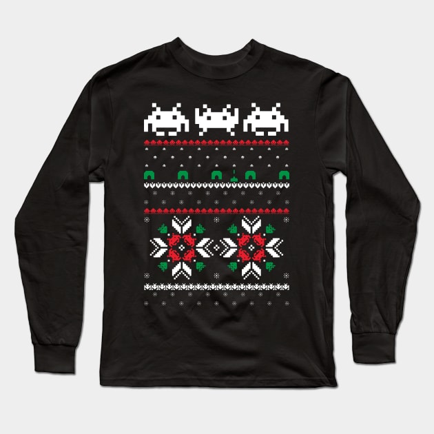 Retro Space Video Game 8 bit Pixel Ugly Christmas Sweater Long Sleeve T-Shirt by SolarFlare